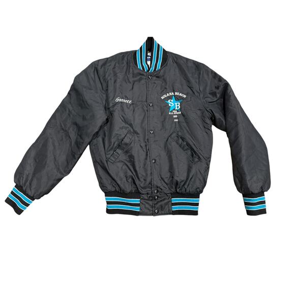 Vintage Black Snap Button Baseball Jacket Solana Beach All Stars 1998 Size S - Picture 1 of 6